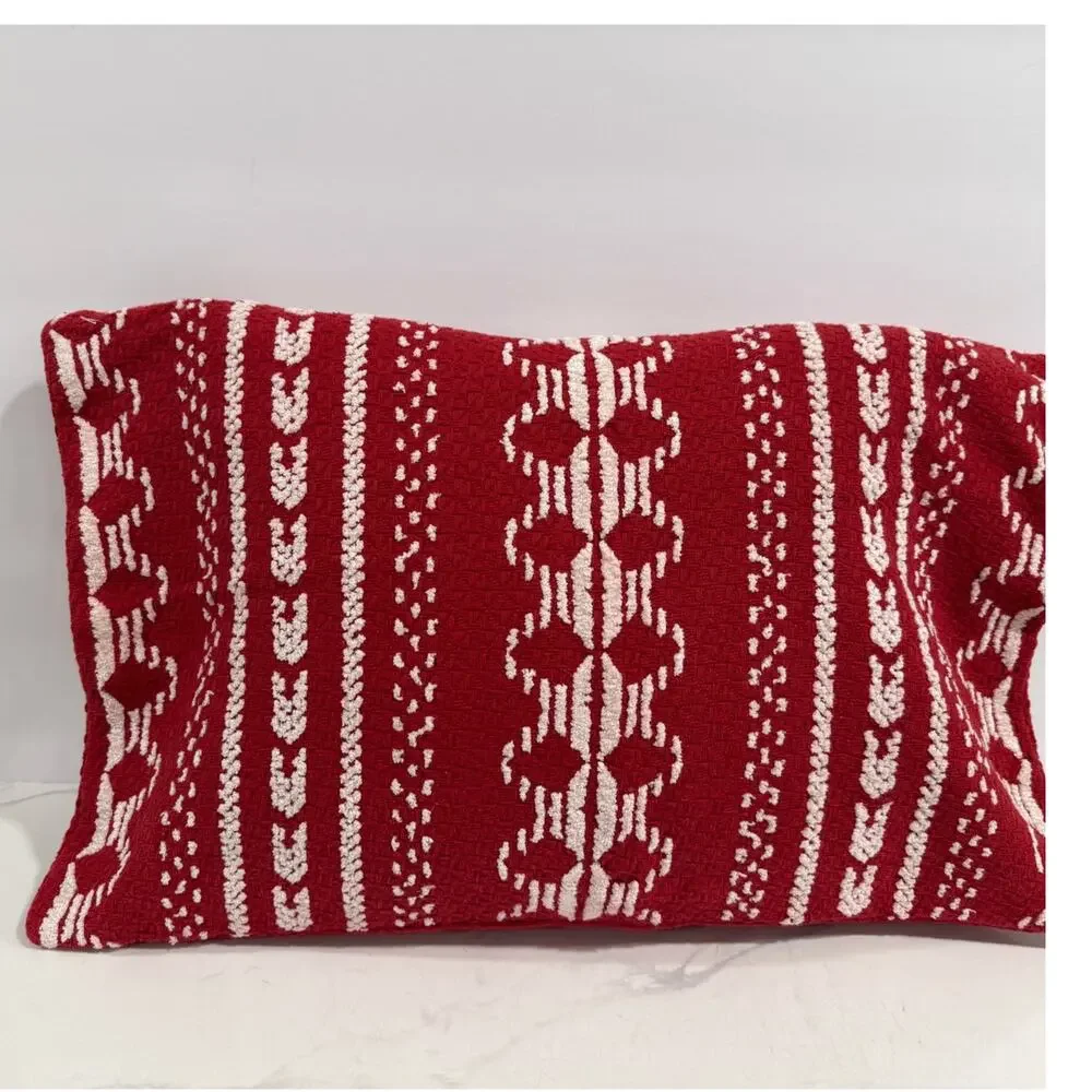 Crate & Barrel Noelle Red Knit Lumbar Pillow Cover 21x14 Hearts Scandi Winter